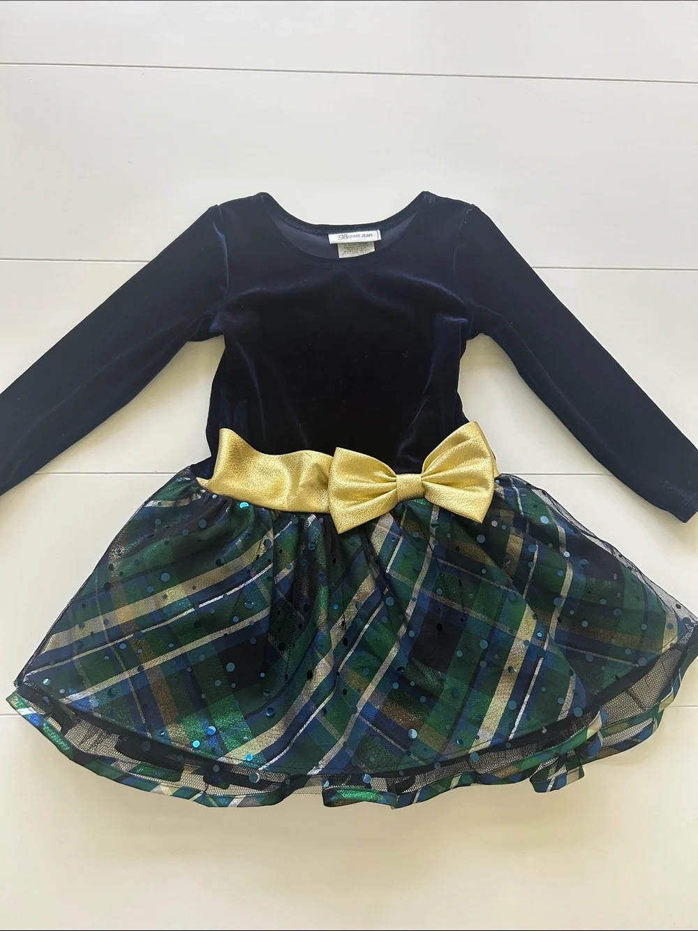 Bonnie Jean Navy Velvet and Green Plaid Dress with Gold Bow